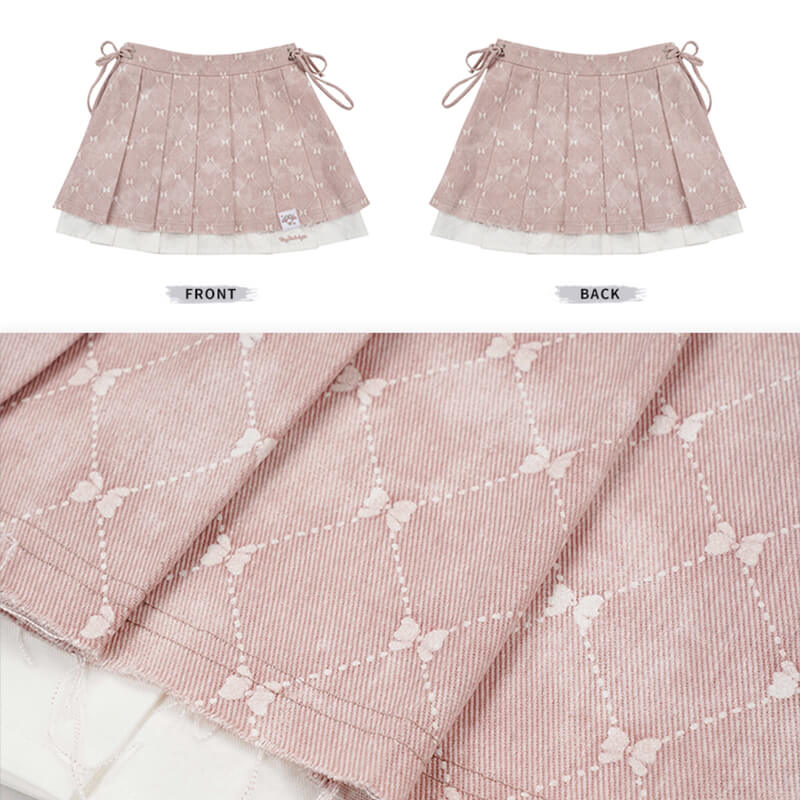 front-and-back-display-of-the-my-melody-bows-pattern-layered-lace-up-pleated-skirt