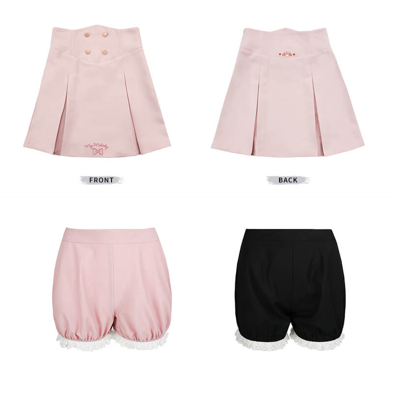 front-and-backside-display-of-my-melody-pink-high-waist-skirt-and-lace-trim-pumpkin-shorts