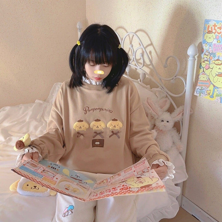 Fuzzy Pompompurin Face Embroidery Khaki Lace Sweatshirt – KawaiiEnvy