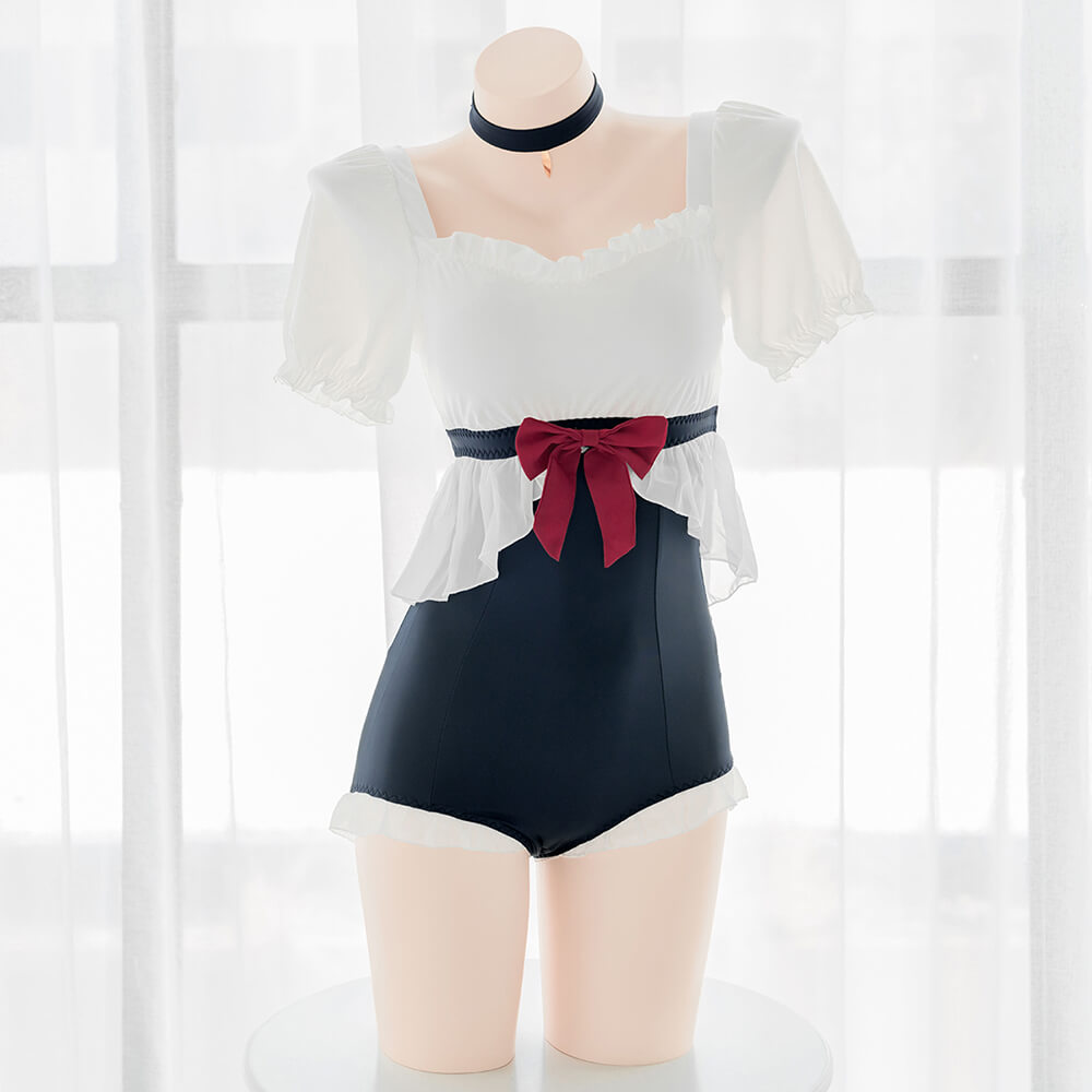 girly-cute-puff-sleeve-square-neck-one-piece-bathing-suit-with-red-bow-and-navy-blue-choker