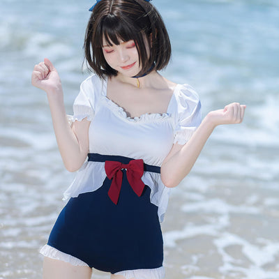 girly-cute-puff-sleeve-square-neck-one-piece-swimsuit-with-red-bow-and-navy-blue-choker
