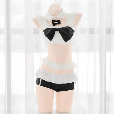 girly-kawaii-cute-black-and-white-cute-bows-lace-trim-split-swimsuit