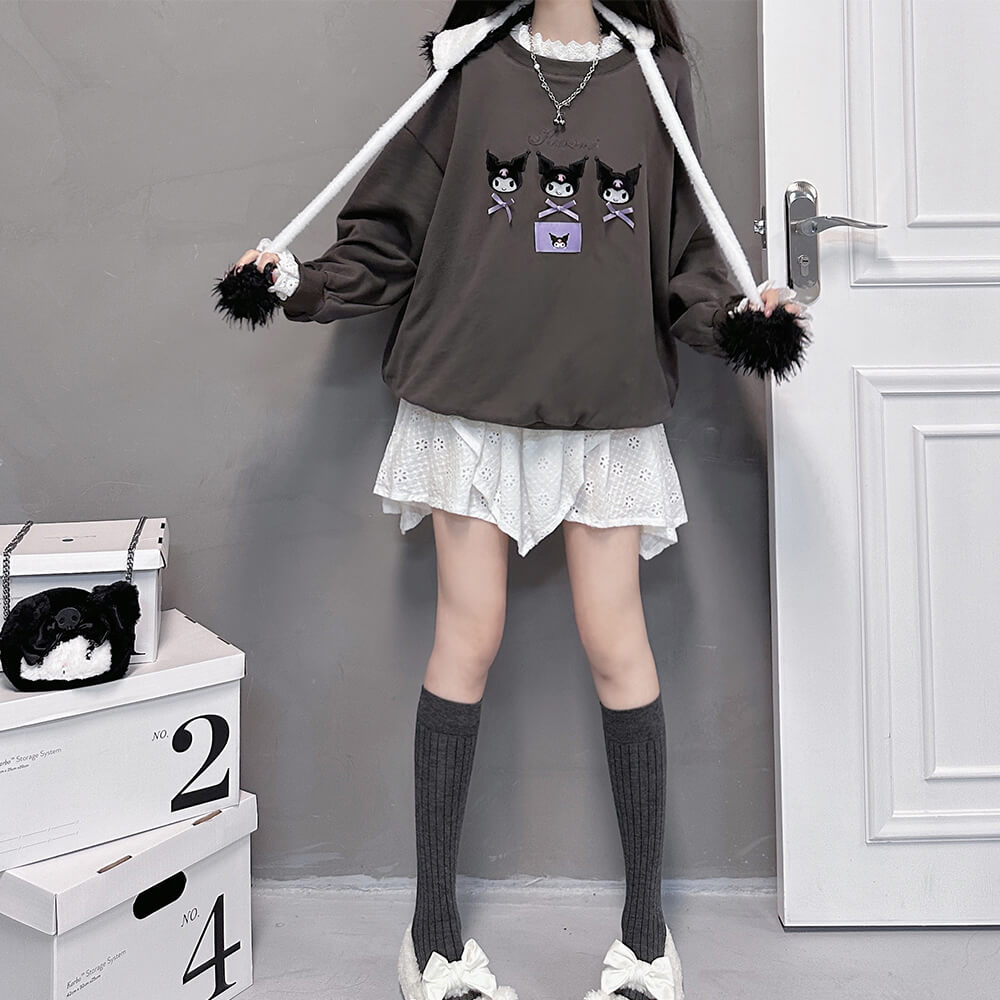girly-kawaii-cute-kuromi-grey-lace-sweatshirt-outfit