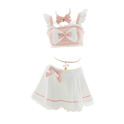 girly-kawaii-cute-pink-white-bow-kitten-beach-two-piece-swimwear-set