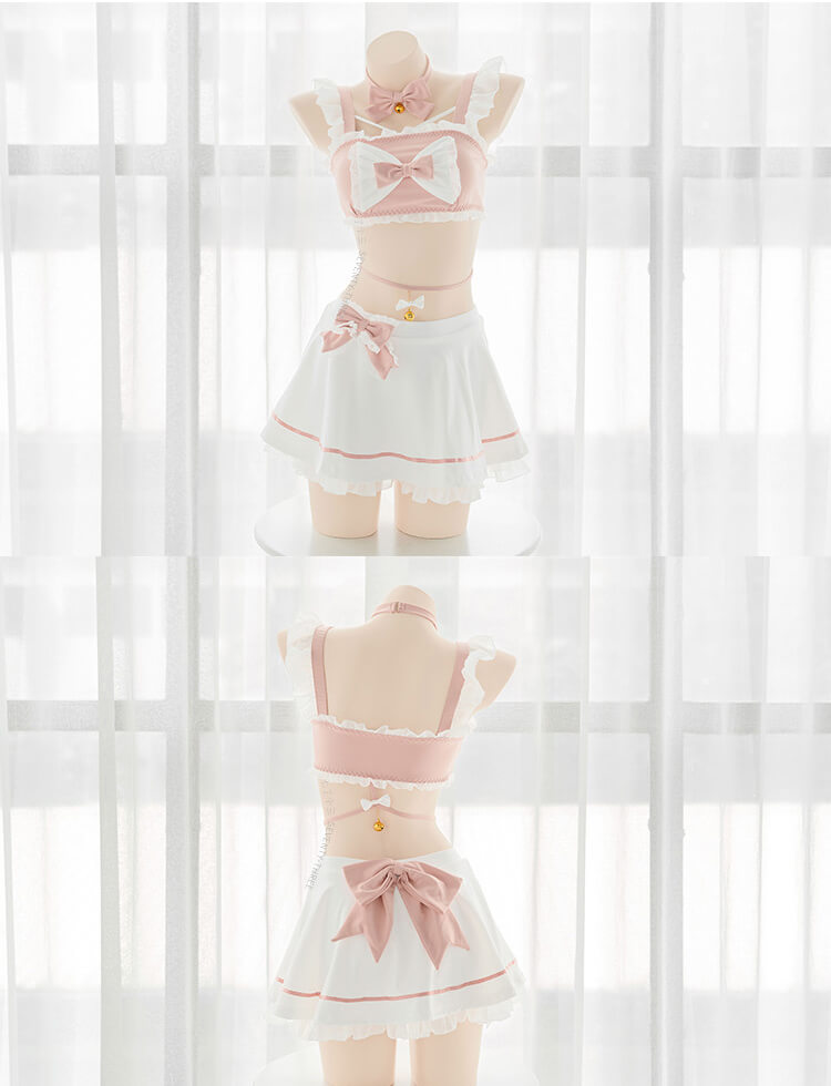 girly-kawaii-cute-pink-white-bow-kitten-two-beach-piece-swimsuit-front-and-back