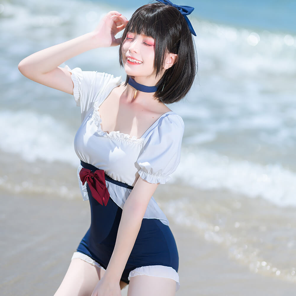 girly-kawaii-puff-sleeve-square-neck-one-piece-swimsuit-with-red-bow-and-navy-blue-choker