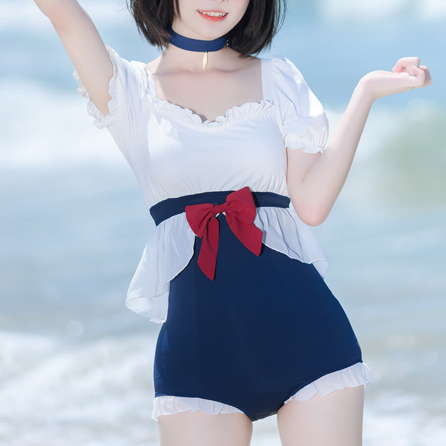 girly-puff-sleeve-square-neck-one-piece-swimsuit-with-red-bow-white-naby-blue-color