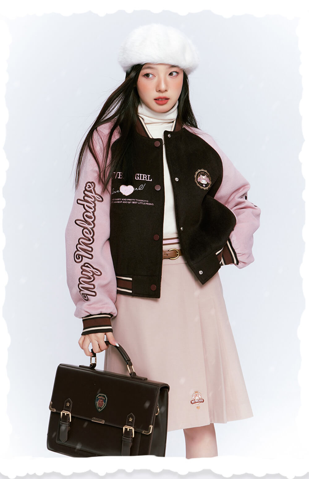 girly-sweet-my-melody-pink-and-brown-colourblock-striped-trim-varsity-jacket-vintage