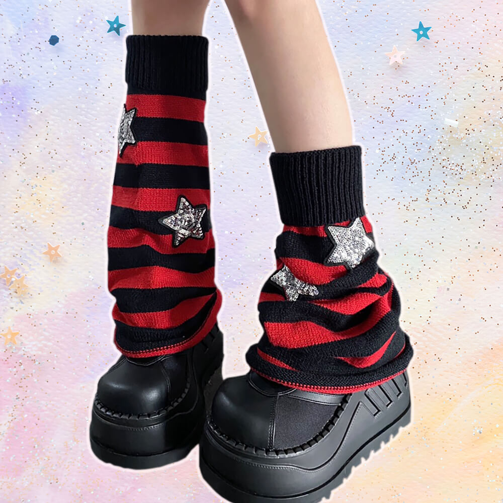 glitter-sequins-stars-decor-striped-pattern-knit-leg-warmers-black-red