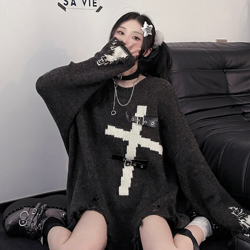 gothic-long-sleeve-oversize-sweater-pullover-with-cross-pattern-and-belt-buckle