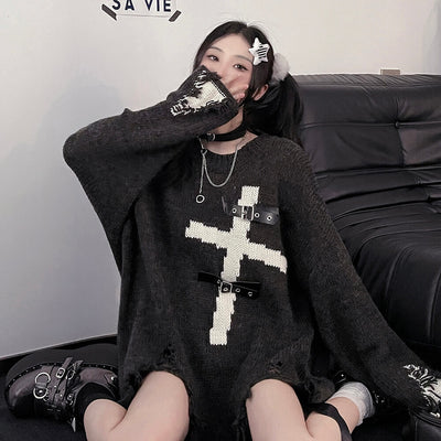 gothic-long-sleeve-oversize-sweater-pullover-with-cross-pattern-and-belt-buckle