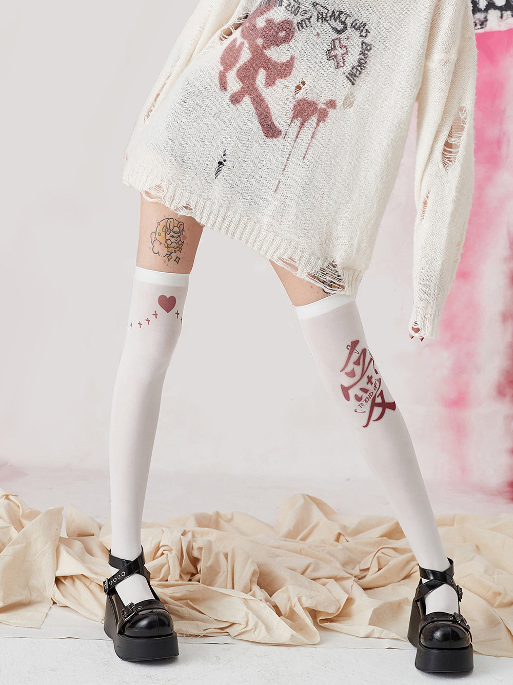 To End of the World Love Graffiti Thigh High Tights White