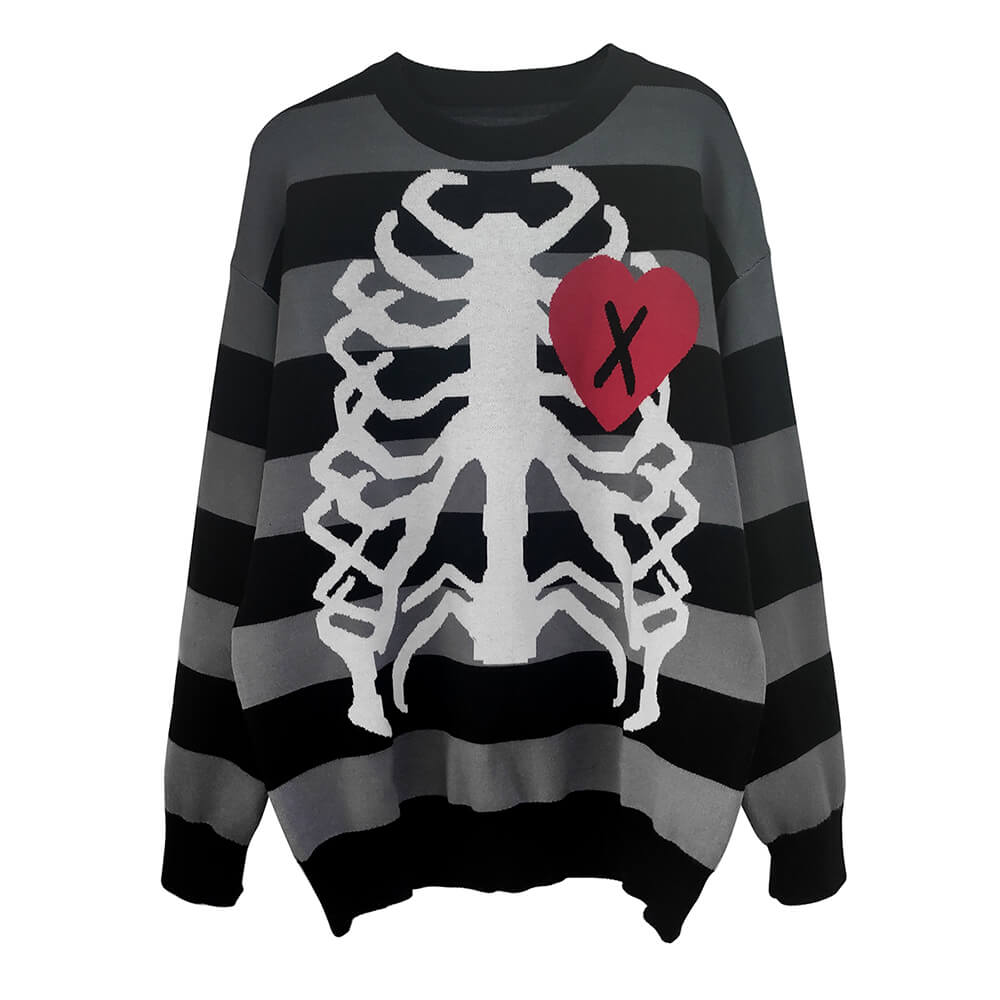 grunge-skeleton-pattern-striped-sweater-pullover-in-black-gray