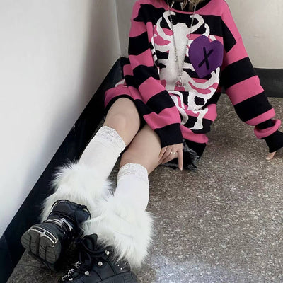 grunge-skeleton-pattern-striped-sweater-pullover-in-black-pink-y2k-style