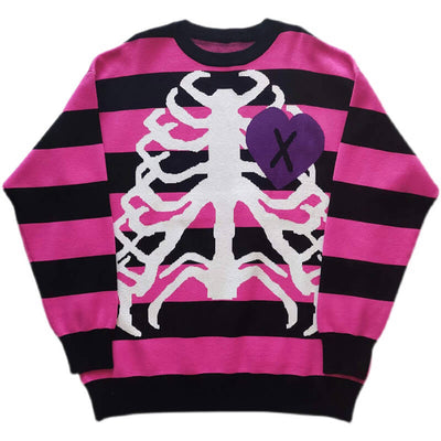 grunge-skeleton-pattern-striped-sweater-pullover-in-black-pink