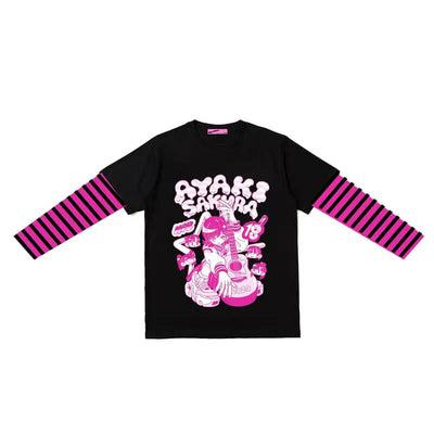 guita-girl-anime-graphic-print-striped-sleeve-combo-tee-in-black-pink