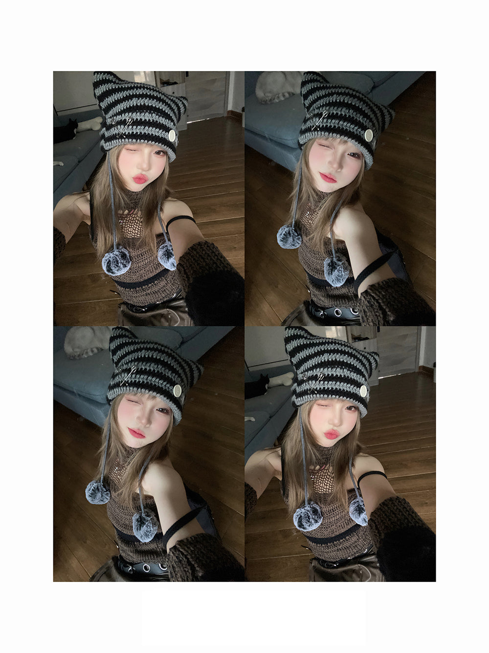 Gray and Black Striped Cat Ear Beanie with Jewelry Set Y2K Cat Beanie Hat with Star Pins Pom Poms for Women Cute  main image 3