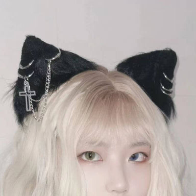 handmade-fluffy-black-cat-ear-hair-clip-decorated-with-cross-rings-chain