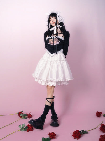 harajuku-angels-lace-trim-ruffle-camisole-irregular-design-crop-top-black-model-display