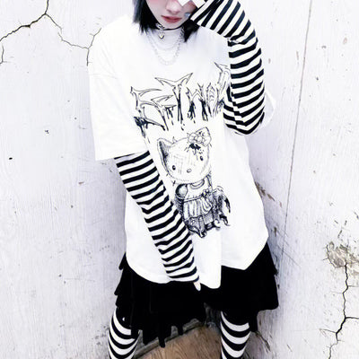 harajuku-hello-kitty-anime-graphic-print-striped-sleeve-combo-tee-in-white-black