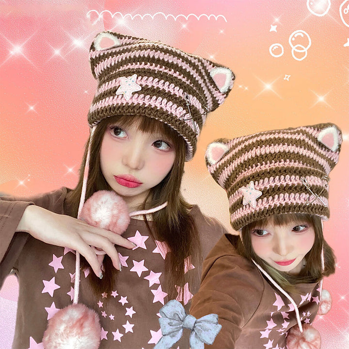 Cat Hat Acubi Cat Ear Beanie – Y2K Crochet Slouchy Hat With  display picture 3