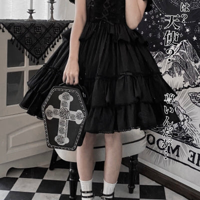 harajuku-y2k-style-rose-flower-cross-black-coffin-bag-model-display