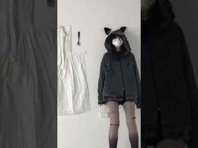 Distressed Puppet Ripped Cat Ear Hooded Zipper Coat