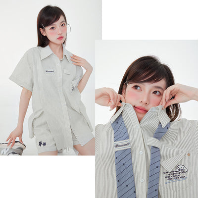 japanese-cute-cinnamoroll-short-sleeve-pinstripe-pattern-oversized-blouse