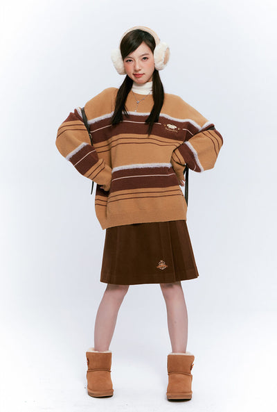 japanese-fashion-girl-pompompurin-brown-striped-knit-jumper-and-pleated-skirt-outfit