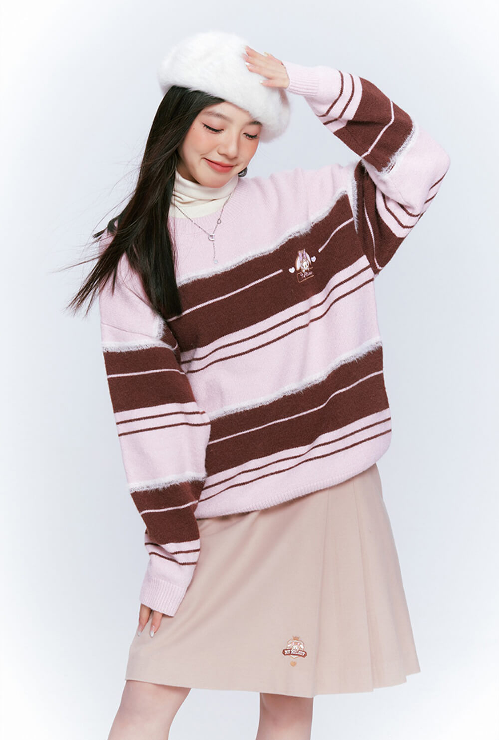 japanese-fashion-my-melody-round-neck-pink-and-brown-striped-loose-sweater-pullover-outfit