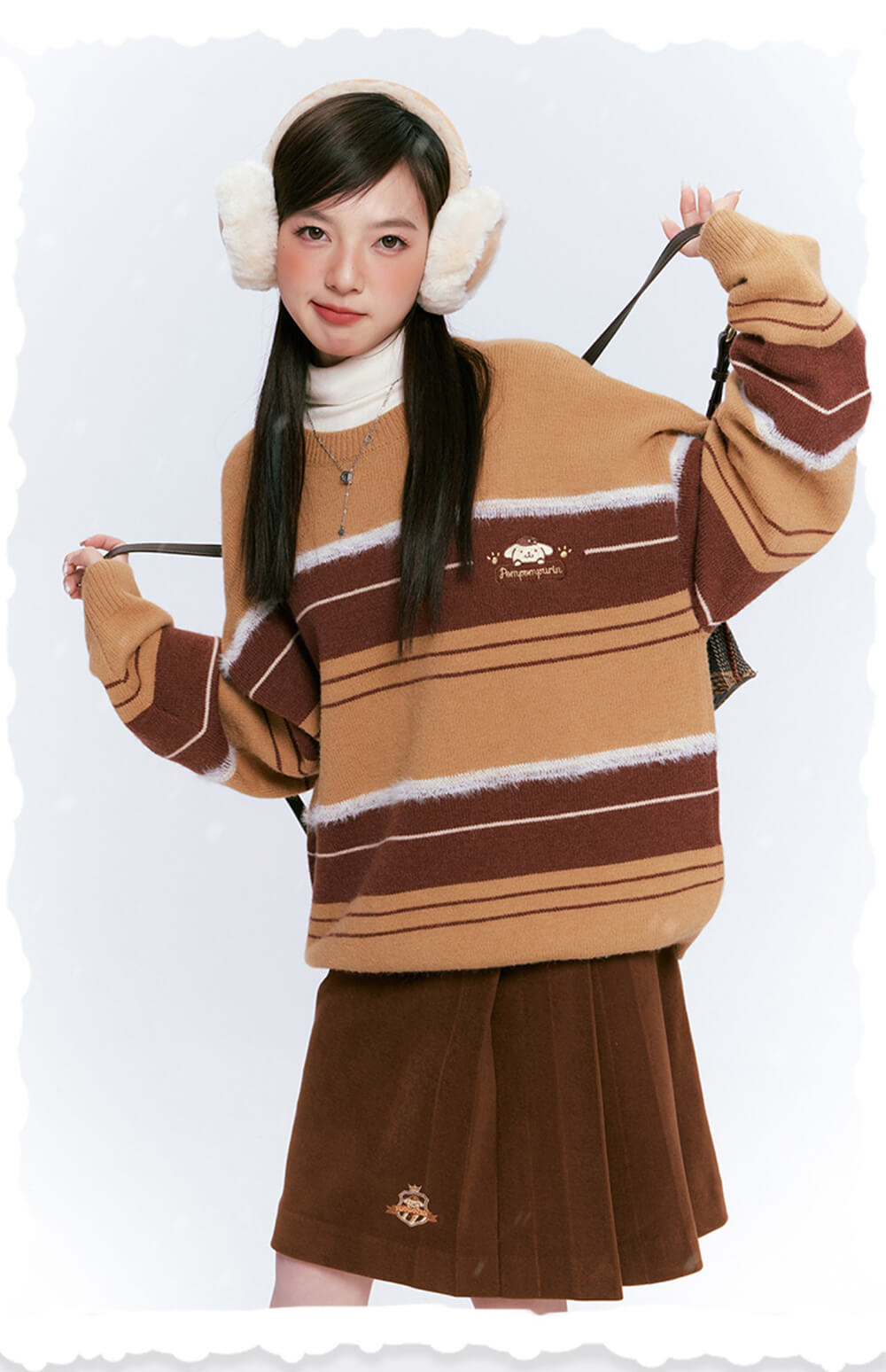 japanese-fashion-pompompurin-round-neck-brown-striped-loose-sweater-pullover-and-brown-pleated-skirt-outfit