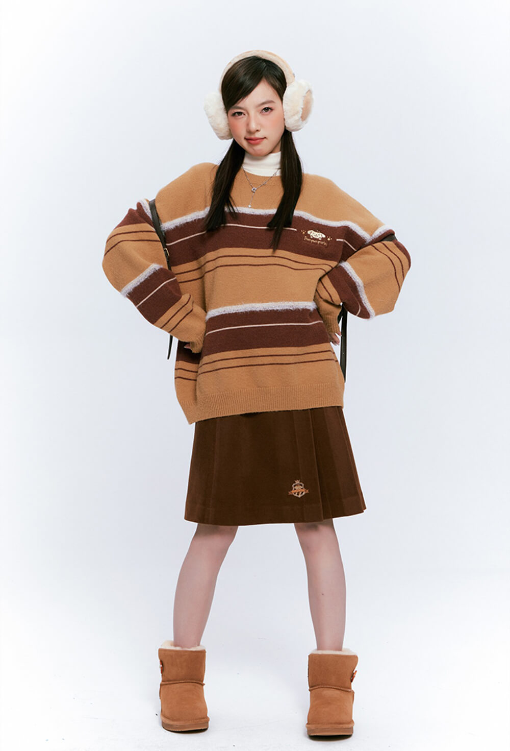 japanese-fashion-pompompurin-round-neck-striped-loose-sweater-pullover-and-pleated-skirt-brown-jk-outfit