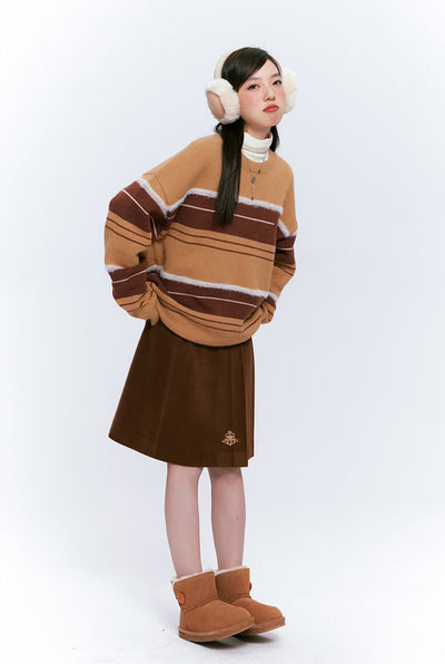 japanese-fashion-pompompurin-round-neck-striped-loose-sweater-pullover-and-pleated-skirt-brown-outfit