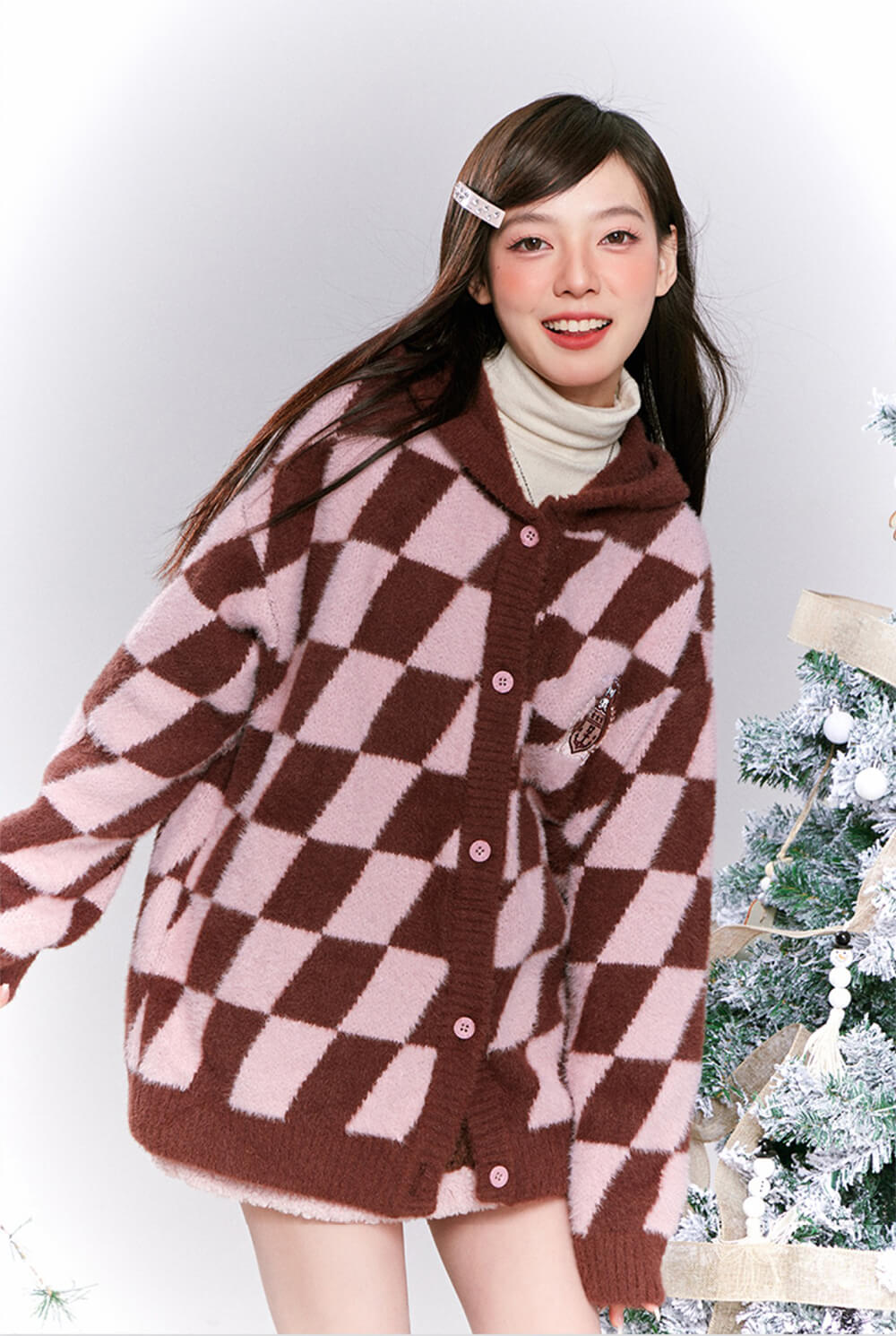 japanese-fashion-sweet-my-melody-brown-and-pink-argyle-pattern-loose-hooded-cardigan
