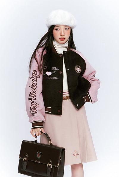 japanese-girl-fashion-my-melody-ootd-with-khaki-woolen-long-pleated-skirt-and-pink-varsity-jacket