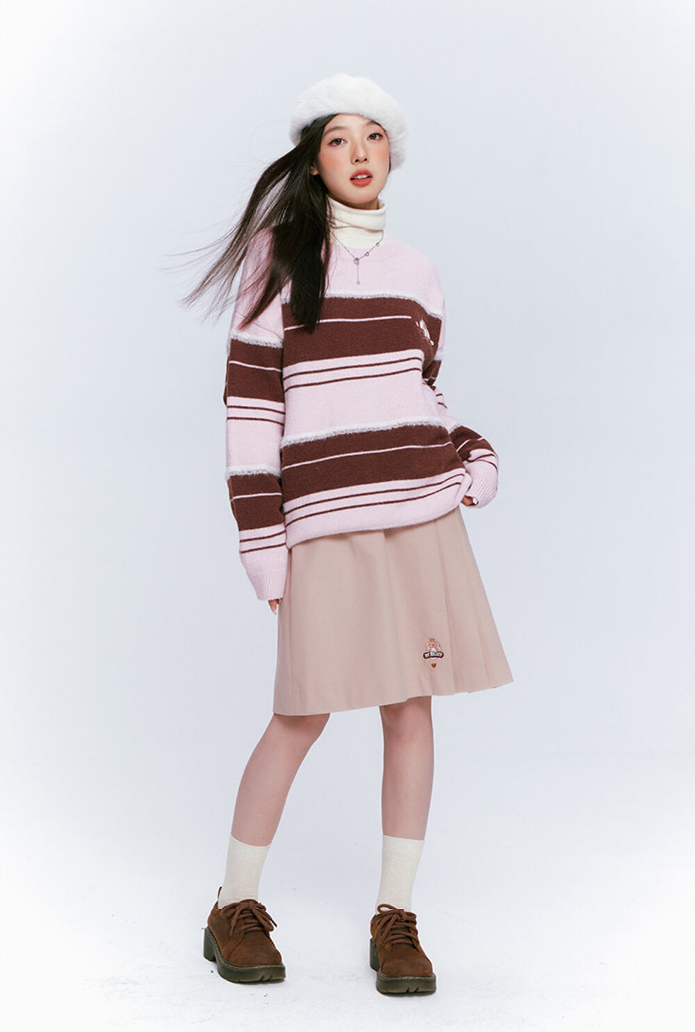 japanese-girl-fashion-my-melody-outfit-with-khaki-woolen-long-pleated-skirt-and-pink-striped-knit-jumper-and-white-beret
