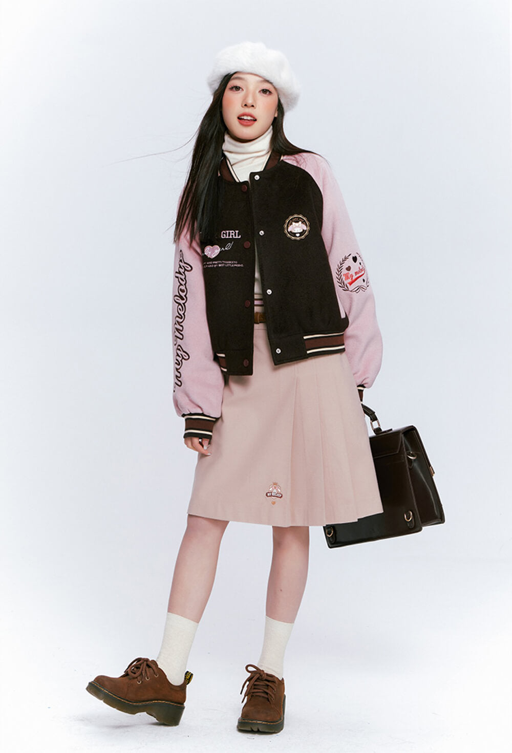 japanese-girl-fashion-my-melody-outfit-with-khaki-woolen-long-pleated-skirt-and-pink-varsity-jacket