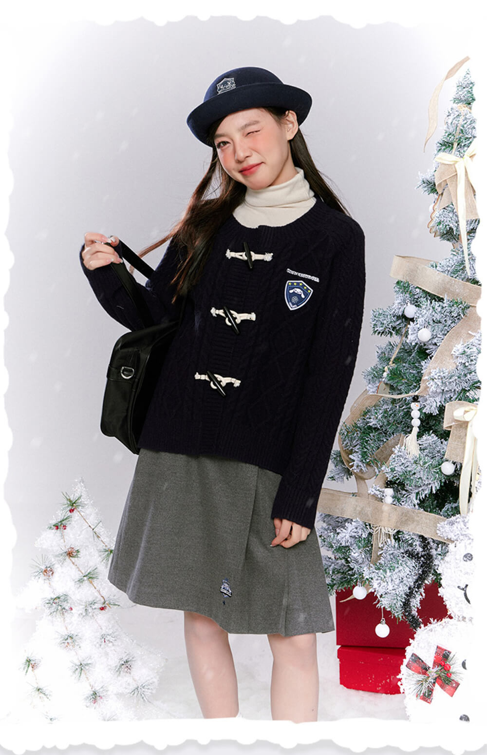 japanese-girl-fashion-preppy-look-styled-by-cinnamoroll-cardigan-sweater-and-cinnamoroll-skirt