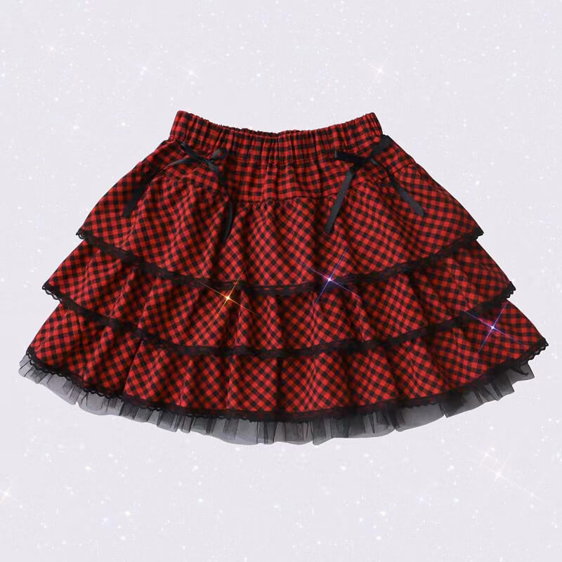 japanese-harajuku-girl-red-plaid-lace-cake-mini-skirt