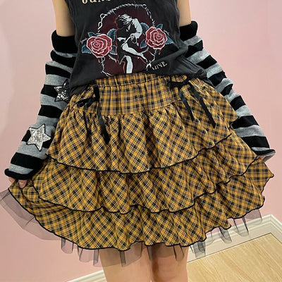japanese-harajuku-girl-yellow-plaid-lace-cake-mini-skirt