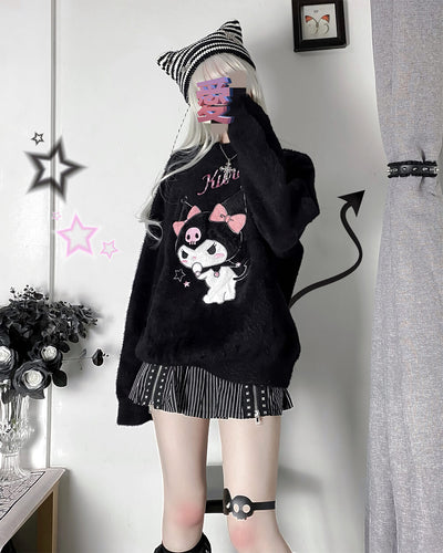 japanese-style-embroidery-kuromi-frilled-neckline-pullover-in-black