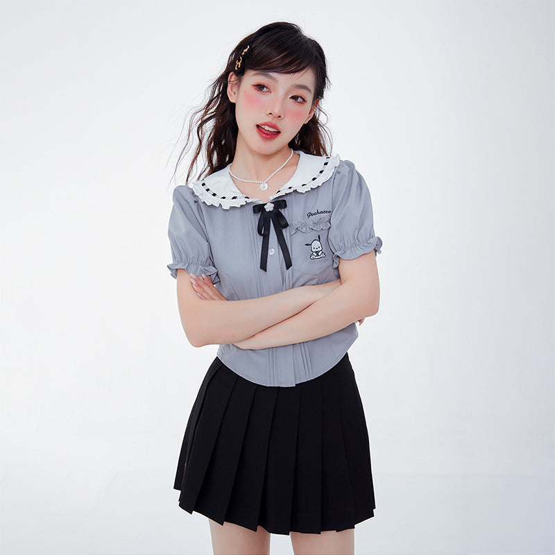 japaneses-girl-fashion-style-pochacco-embroidery-grey-blouse-and-black-pleated-skirt
