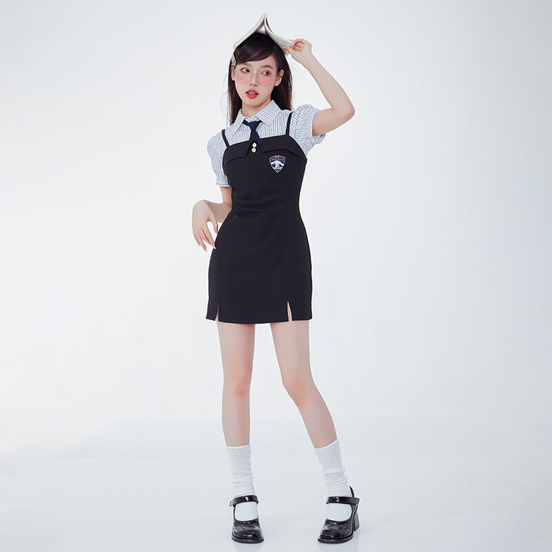 kawaii-aesthetic-outfit-styled-with-cinnamoroll-side-slits-black-suspender-dress-and-blue-striped-blouse
