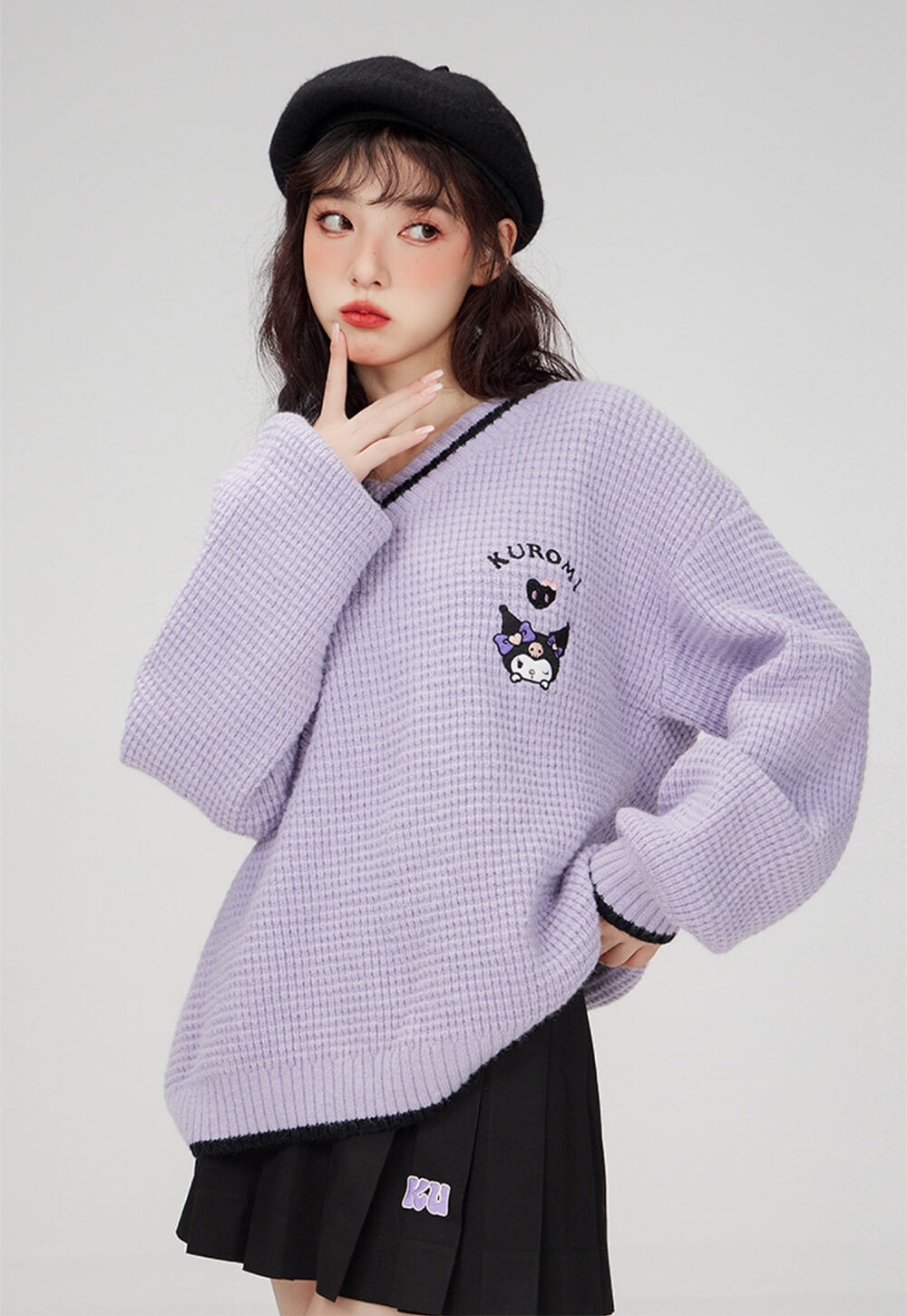 kawaii-cute-Kuromi-star-embroidery-sailor-collar-loose-knit-cricket-sweater