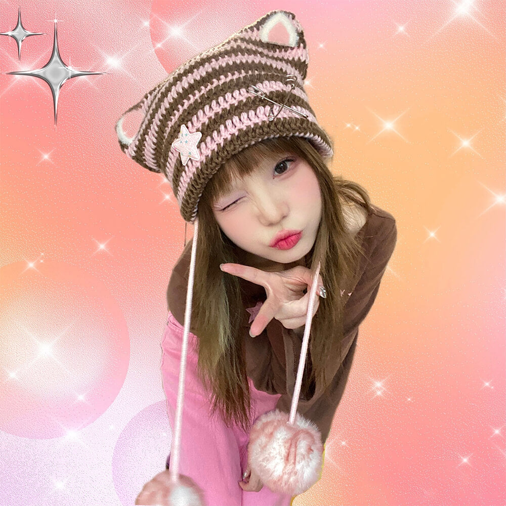 Handmade Cat Ears Pompom Knitted Beanie – KawaiiEnvy display picture 3