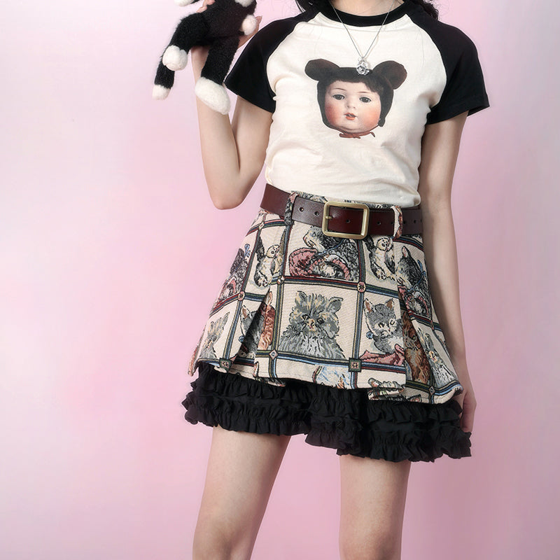kawaii-cute-girly-retro-cats-jacquard-print-layered-ruffle-hem-skirt-matched-with-baby-t-shirt
