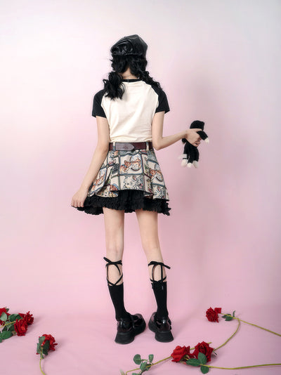 kawaii-cute-girly-retro-cats-jacquard-print-layered-ruffle-hem-skirt-outfit-backside-show