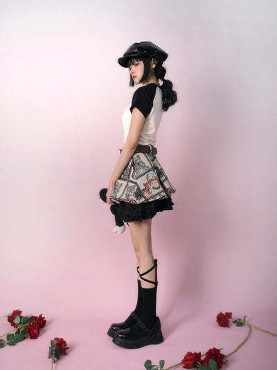 kawaii-cute-girly-retro-cats-jacquard-print-layered-ruffle-hem-skirt-outfit-side-show