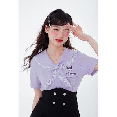 kawaii-cute-kuromi-embroidery-lace-trim-sailor-collar-short-sleeve-double-breasted-blouse