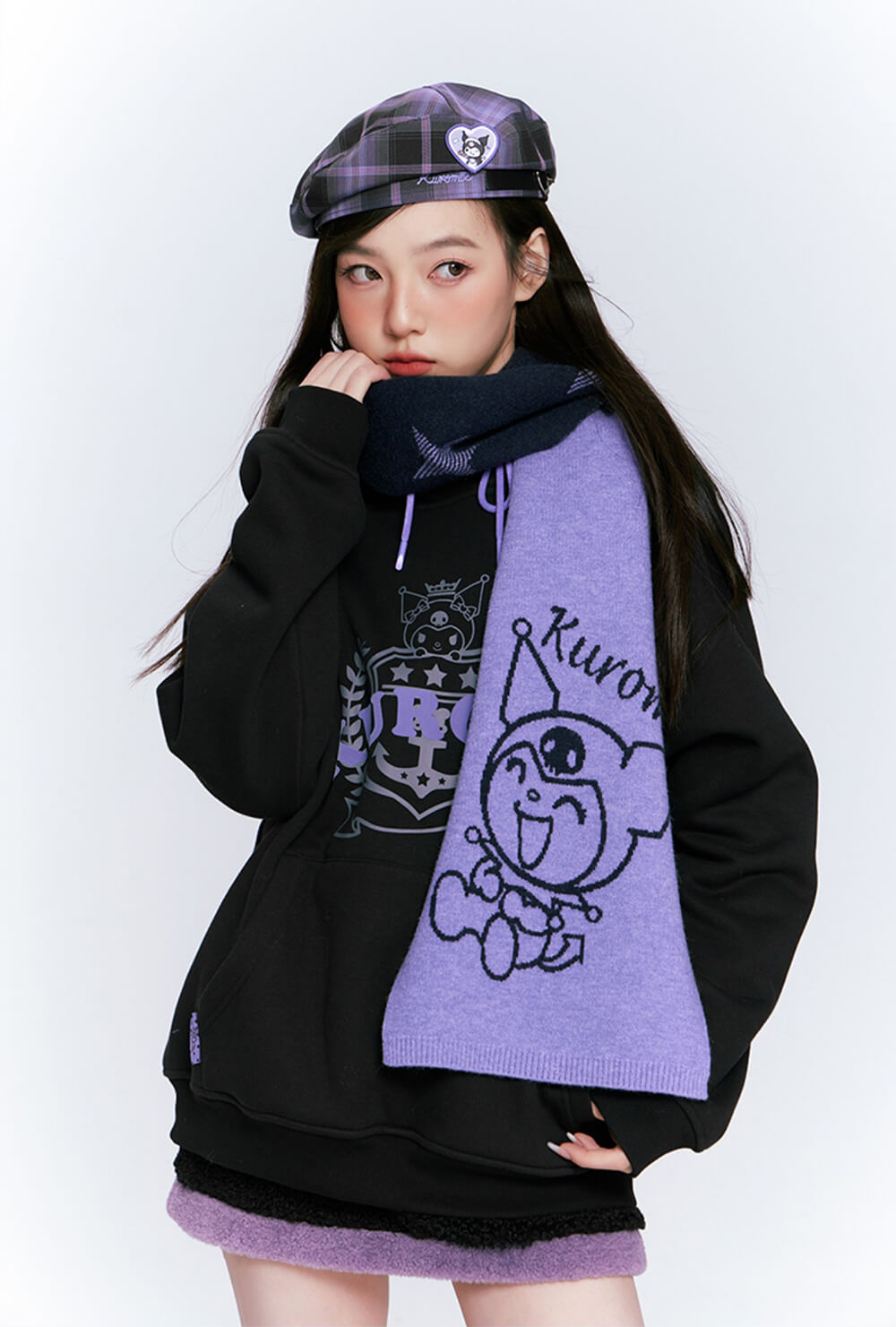 kawaii-cute-kuromi-preppy-look-styled-by-kuromi-graphic-black-hoodie-and-kuromi-scarf